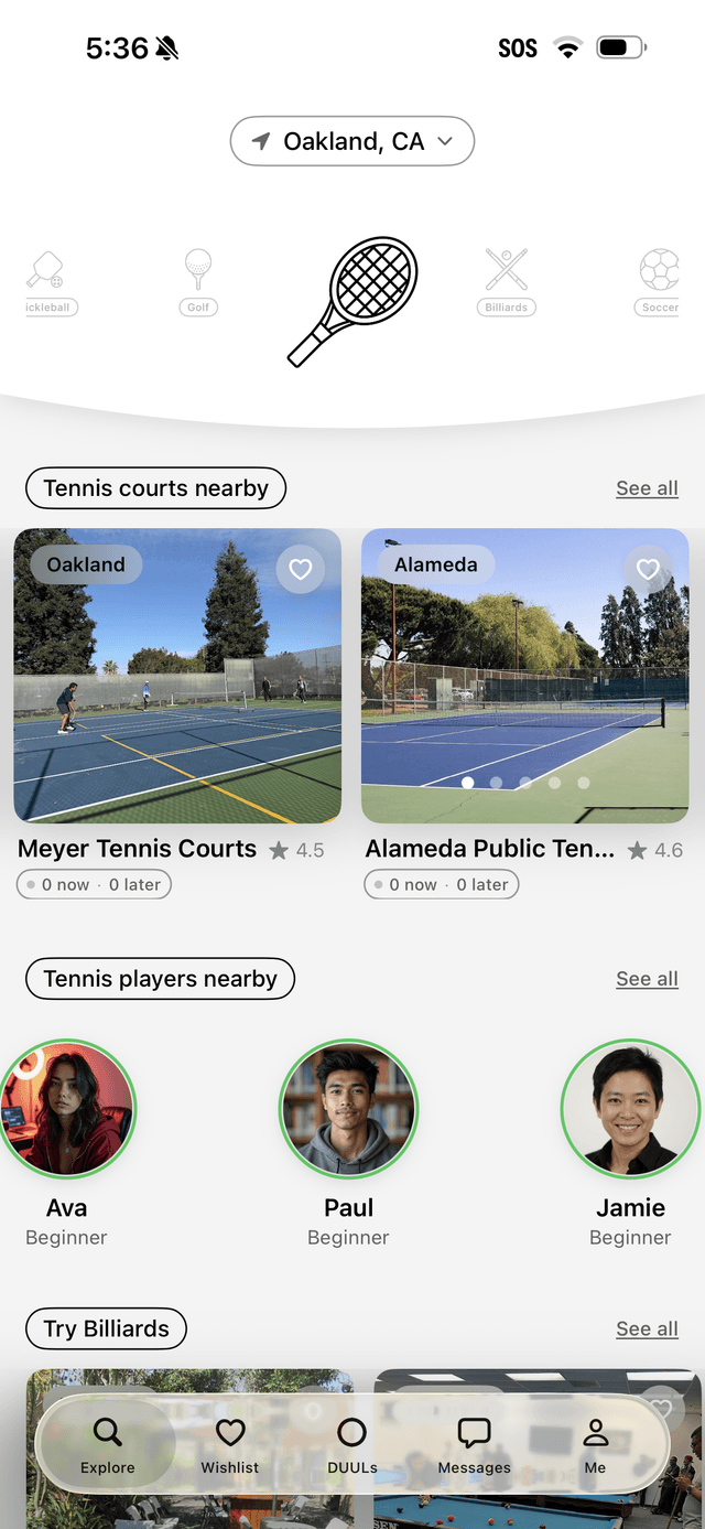 DUUL home screen showing nearby courts and players